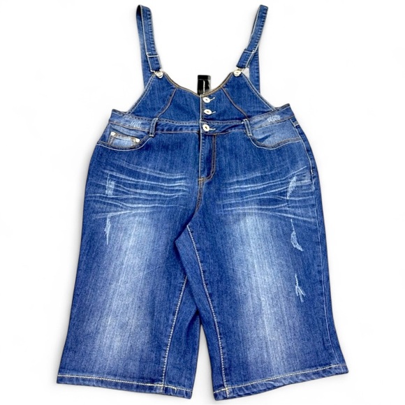 Ashley Stewart Women’s Plus 14 Denim Capri Bib Overalls Blue Stretch NWT - Picture 1 of 7